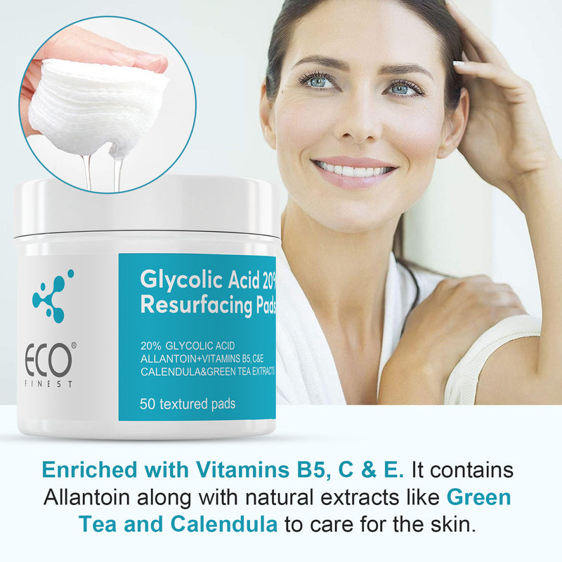 Glycolic Acid 20% Resurfacing Pads, Exfoliate, Brighten and Hydrate Skin with Vitamins & Green Tea, 50 Pads