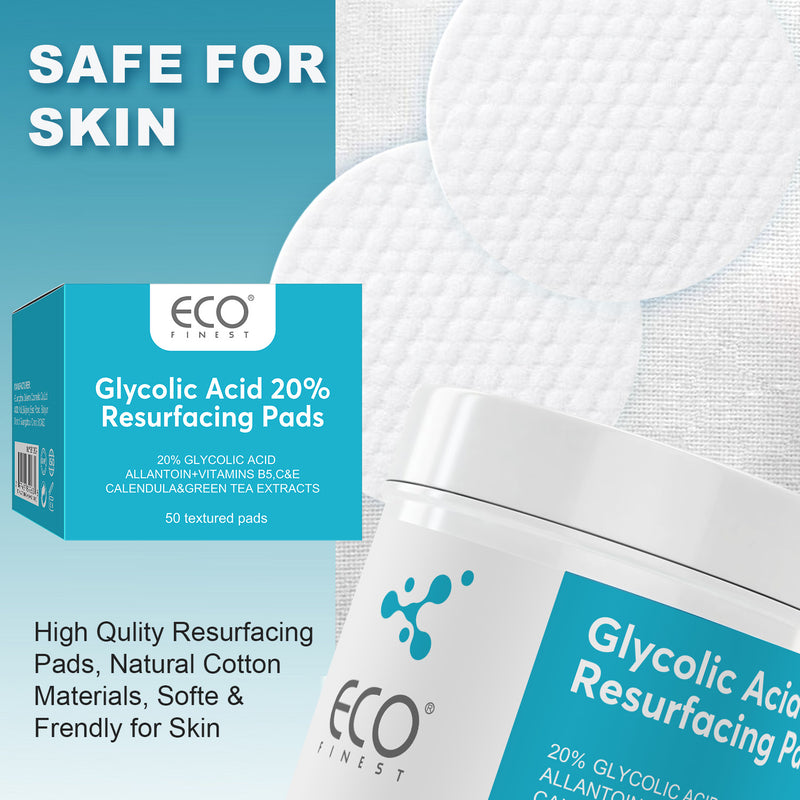 Glycolic Acid 20% Resurfacing Pads, Exfoliate, Brighten and Hydrate Skin with Vitamins & Green Tea, 50 Pads