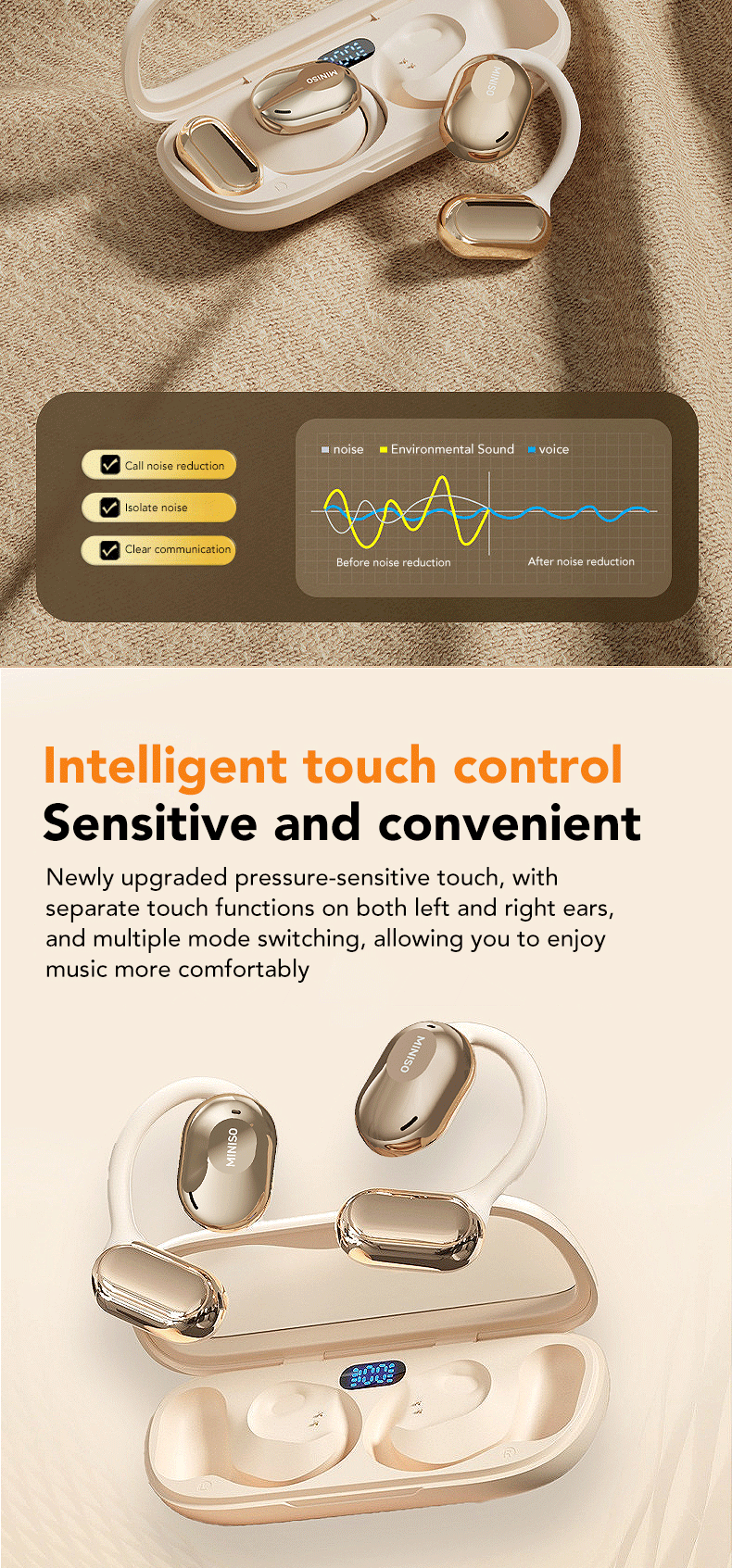 MINISO M61 Open Ear Wireless Headphones OWS Bluetooth 5.4 Earphones Intelligent Touch Control Sport Waterproof Headsets Stereo Earbuds