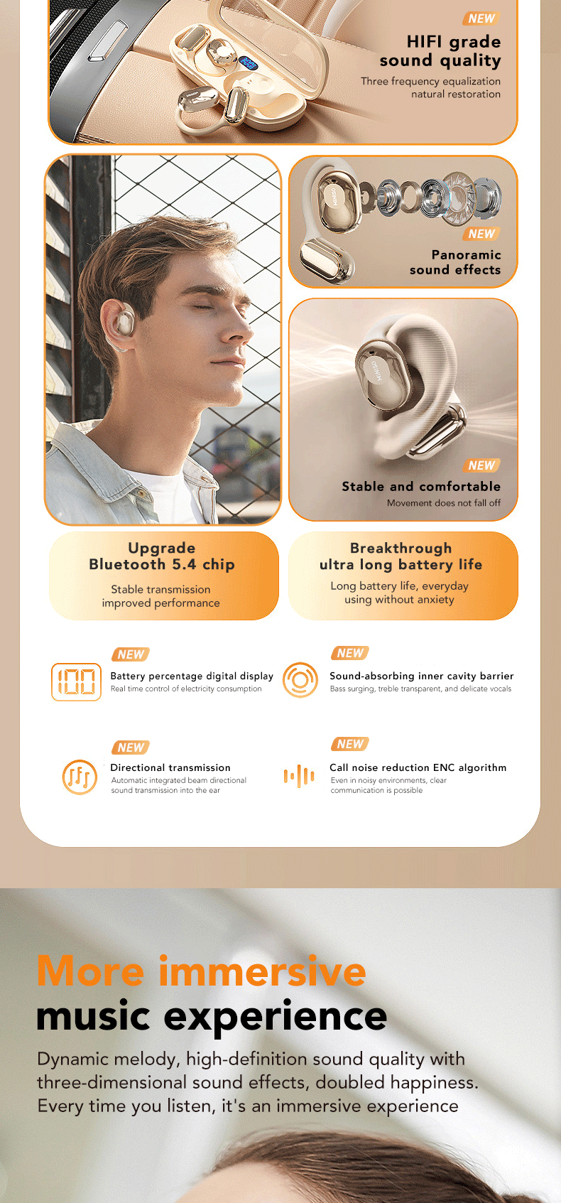 MINISO M61 Open Ear Wireless Headphones OWS Bluetooth 5.4 Earphones Intelligent Touch Control Sport Waterproof Headsets Stereo Earbuds