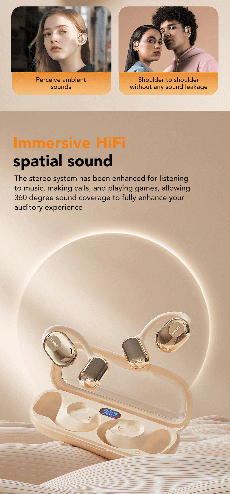 MINISO M61 Open Ear Wireless Headphones OWS Bluetooth 5.4 Earphones Intelligent Touch Control Sport Waterproof Headsets Stereo Earbuds