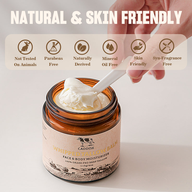CADDISE Whipped Beef Tallow for Skin – 100% Grass-Fed Handmade Cream Moisturizer for Face & Body, Natural with Honey, Shea Butter, Jojoba Oil, Non-Greasy, Nourishing for Men, Women, Kids, 4 Oz