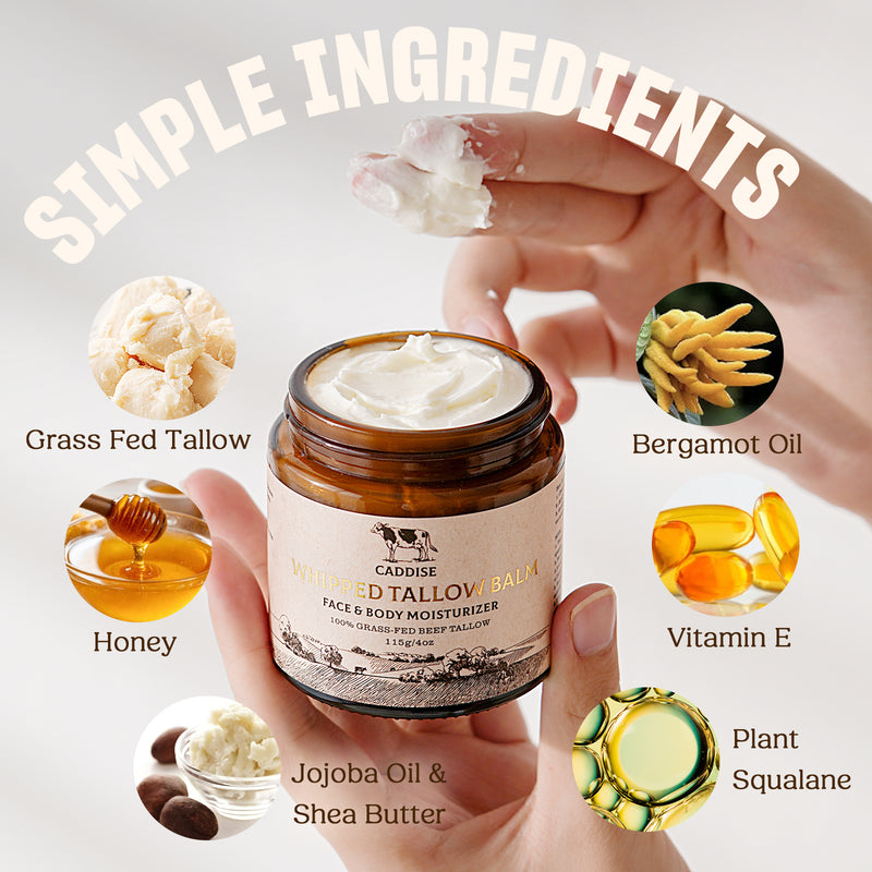 CADDISE Whipped Beef Tallow for Skin – 100% Grass-Fed Handmade Cream Moisturizer for Face & Body, Natural with Honey, Shea Butter, Jojoba Oil, Non-Greasy, Nourishing for Men, Women, Kids, 4 Oz